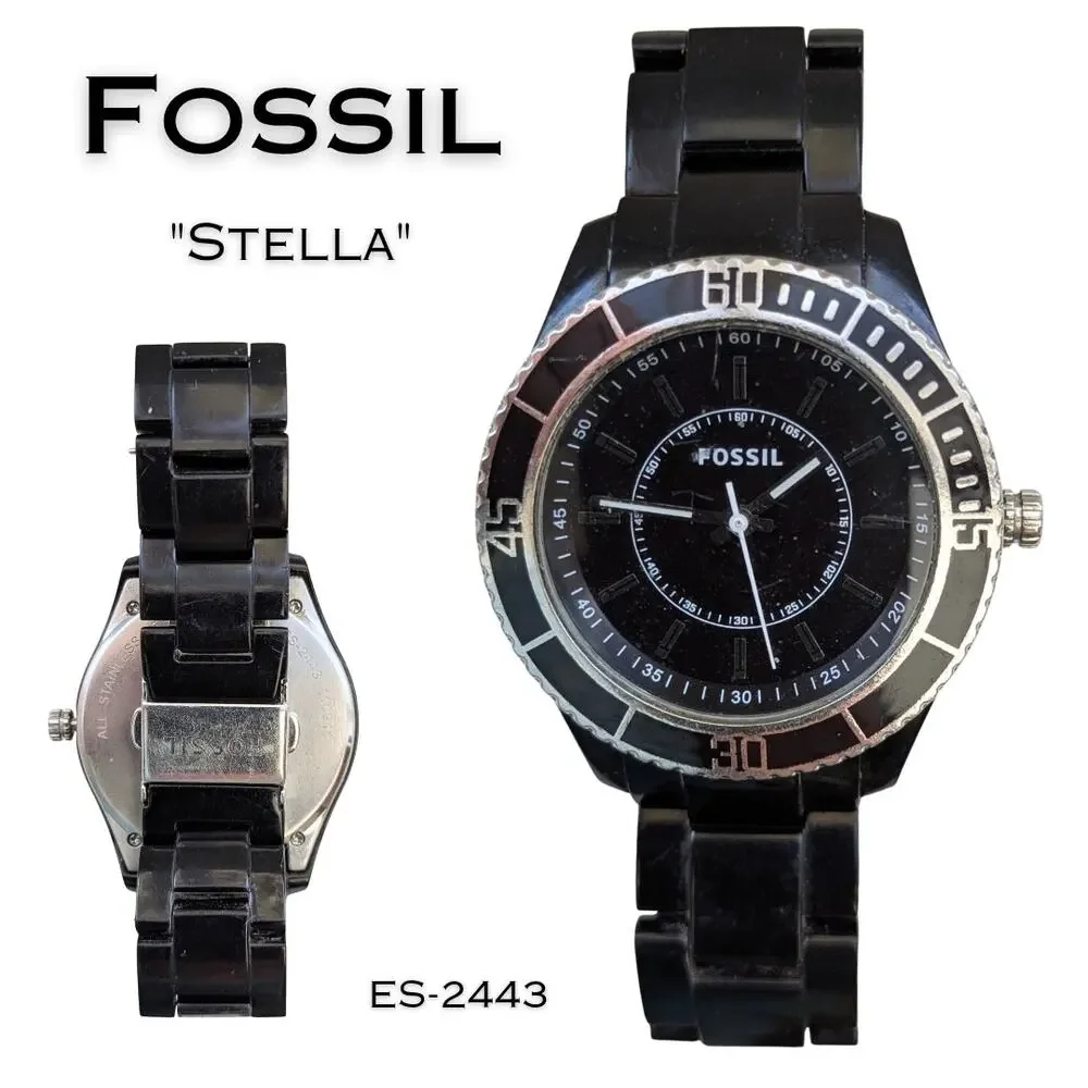 Fossil Stella Womens Watch ES-2443 Black Stainless Steel Boyfriend Style Diver